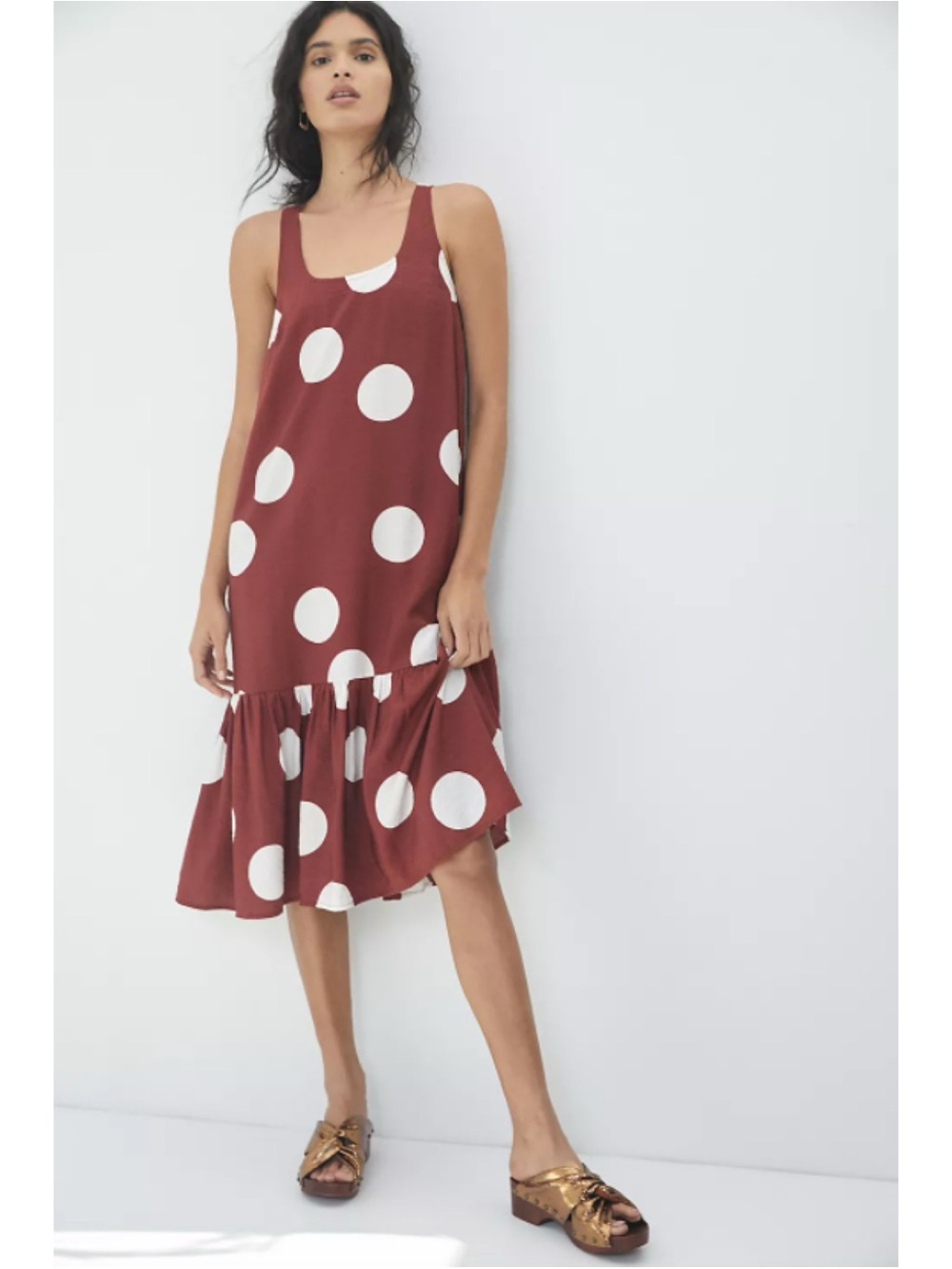 Anthropologie Michaela Flounced Polka Dot Midi Dress Brown Size Medium - Picture 7 of 10
